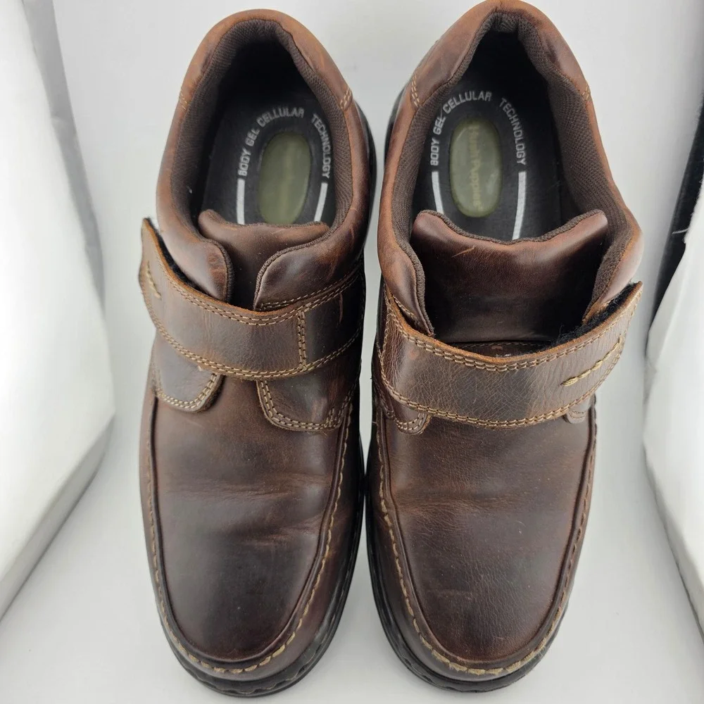 Hush Puppies Jeffrey Leather Strap Loafers Mens 13 Brown GOOD Support Orthopedic